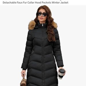 Elegant Black Puffer Coat with Brown Fur Trim